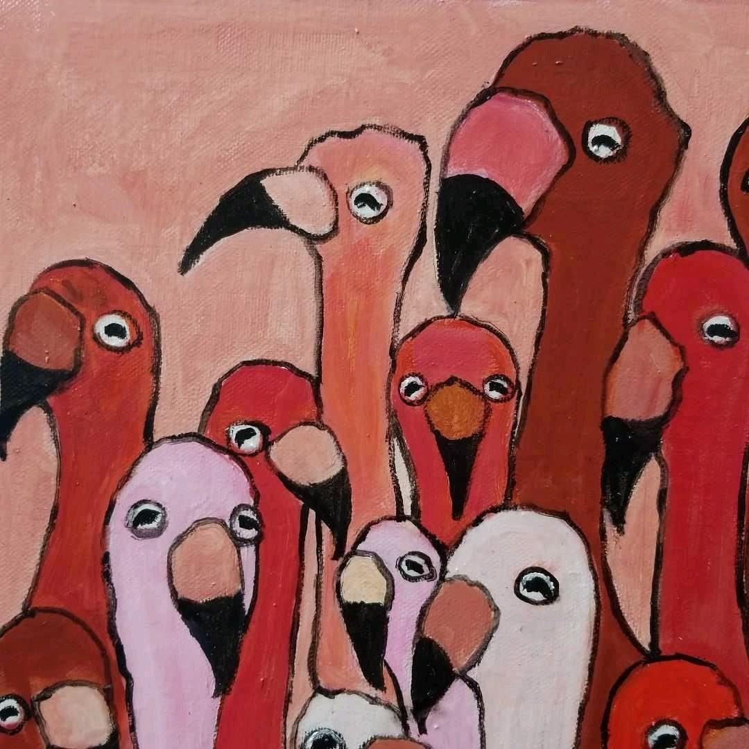 油絵　マミ　仲良く集まる首の長い鳥たち　密は楽し