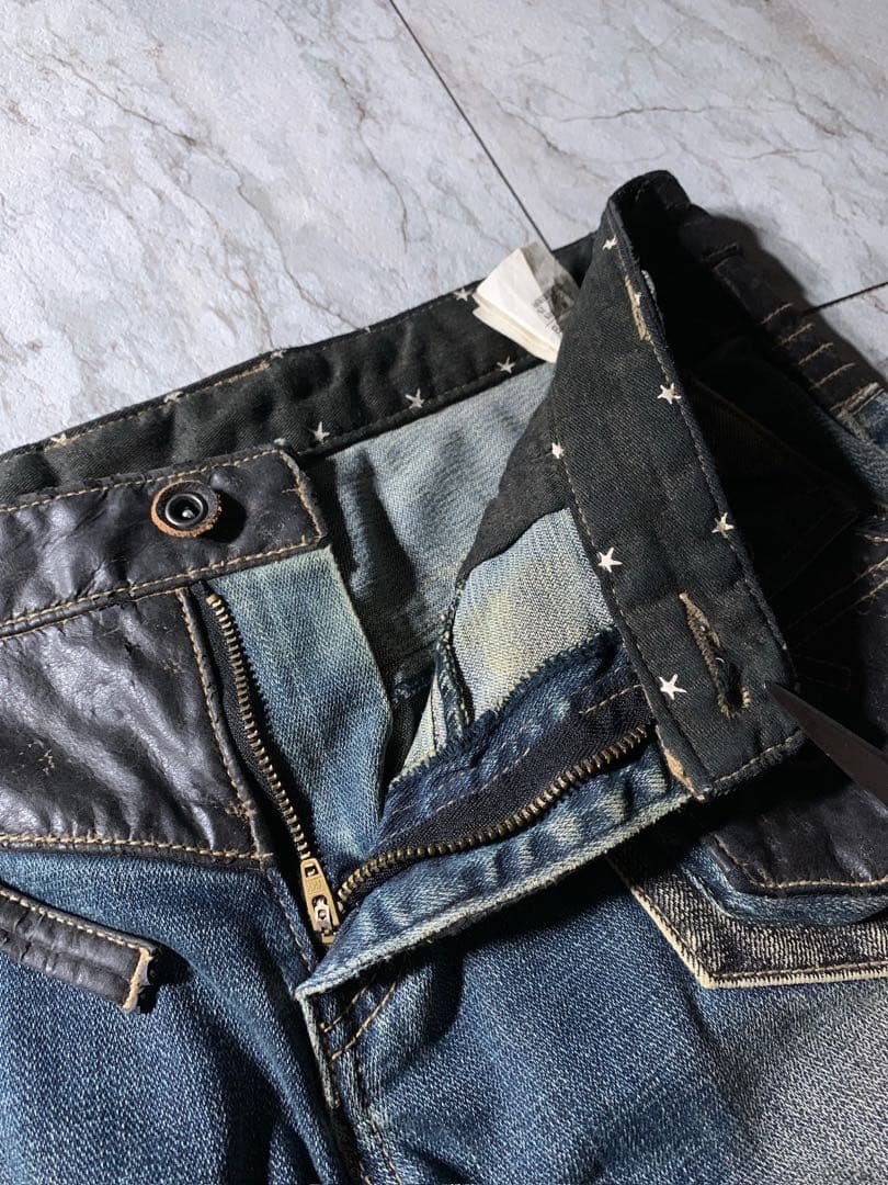 00s PPFM archive 立体 フェイクレザー ダメージ デニム Y2K