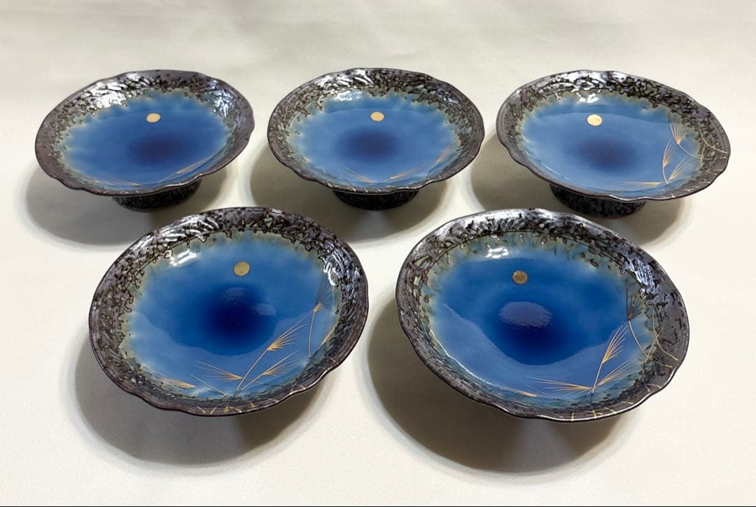 有田焼 堅窯 南蛮瑠璃 高台皿 5客 陶芸 南蛮ルリ 刺身皿 盛皿 ススキ 月見