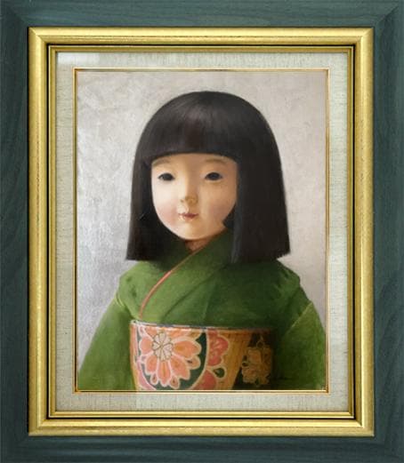 ❤️新作 油絵菅家令子絵画インテリア額(青緑＋金色枠)F6-010626市松人形