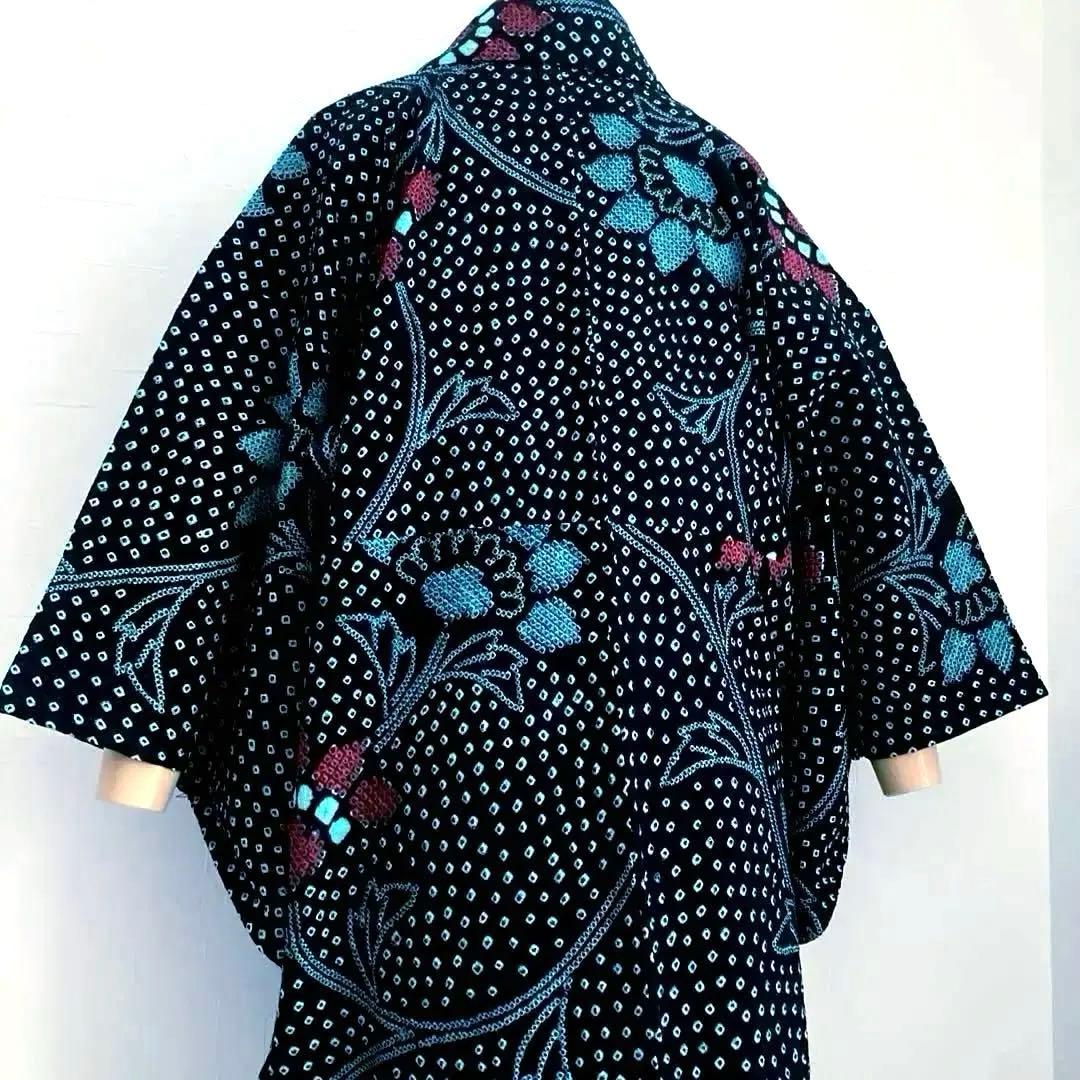 有松絞り　浴衣　手縫い上質浴衣　美品　黒・ターコイズNo.2-130