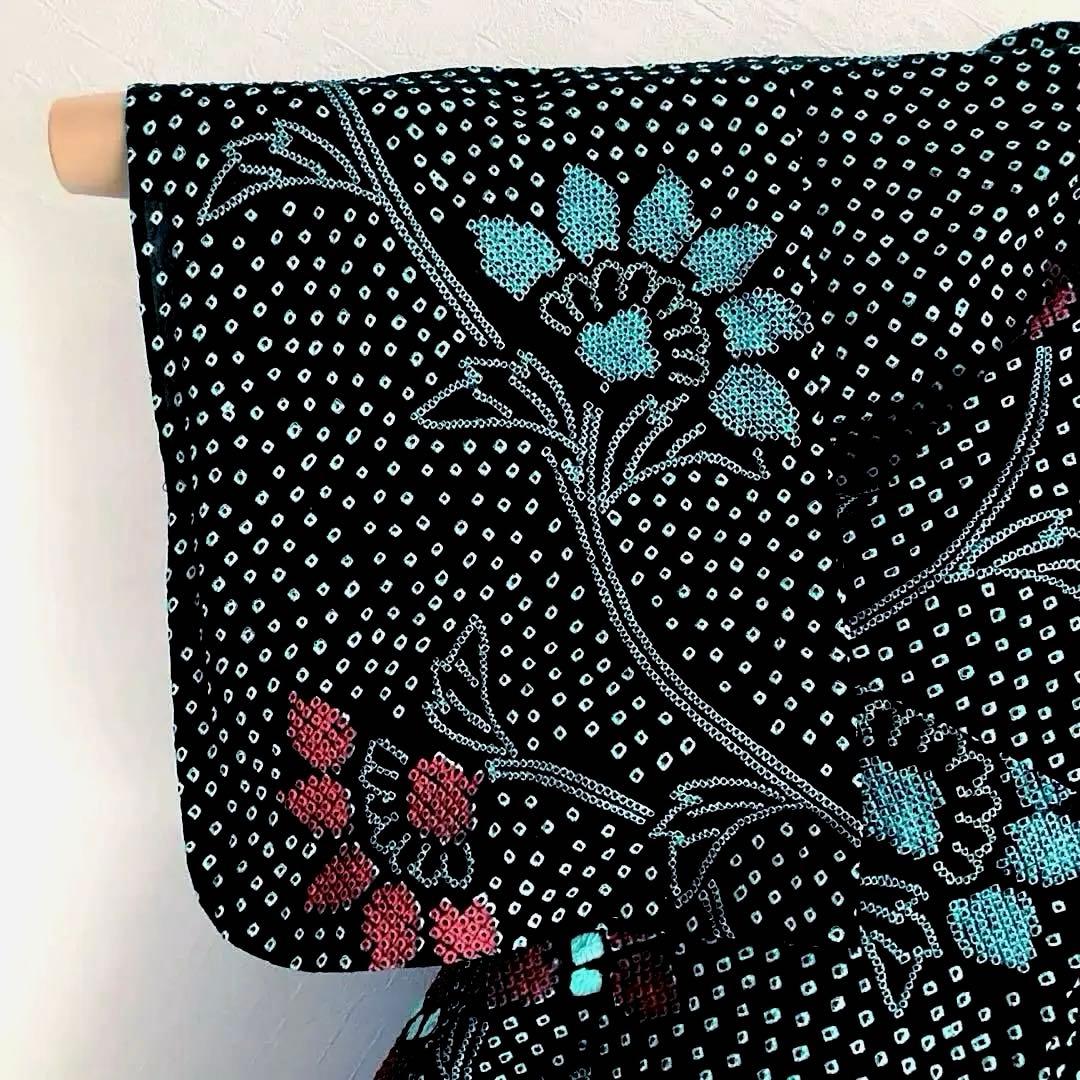 有松絞り　浴衣　手縫い上質浴衣　美品　黒・ターコイズNo.2-130