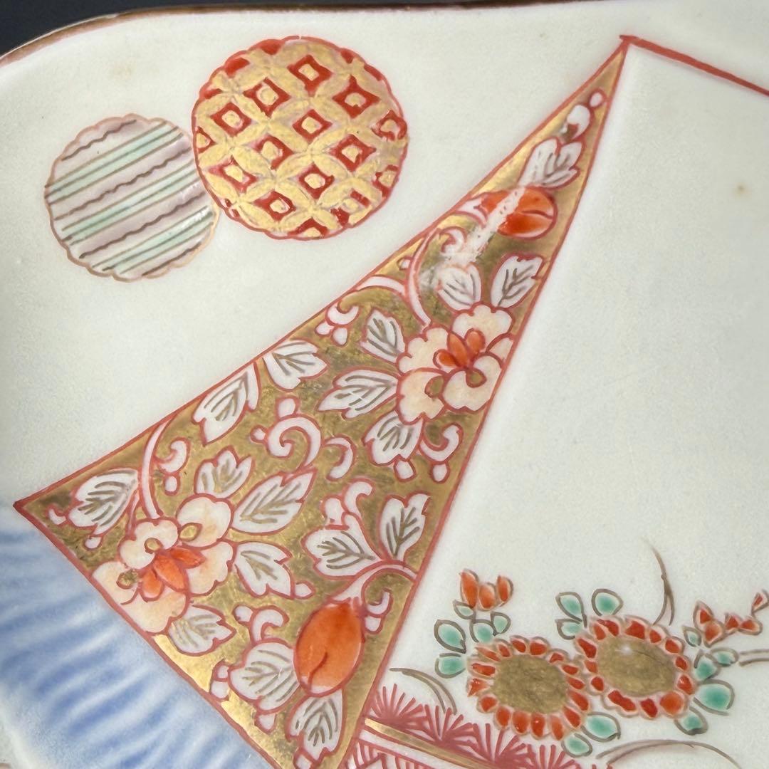 幕末〜明治期　古伊万里　色絵丸文様陽刻四方角皿　五枚　裏赤絵七宝文様　器を楽しむ