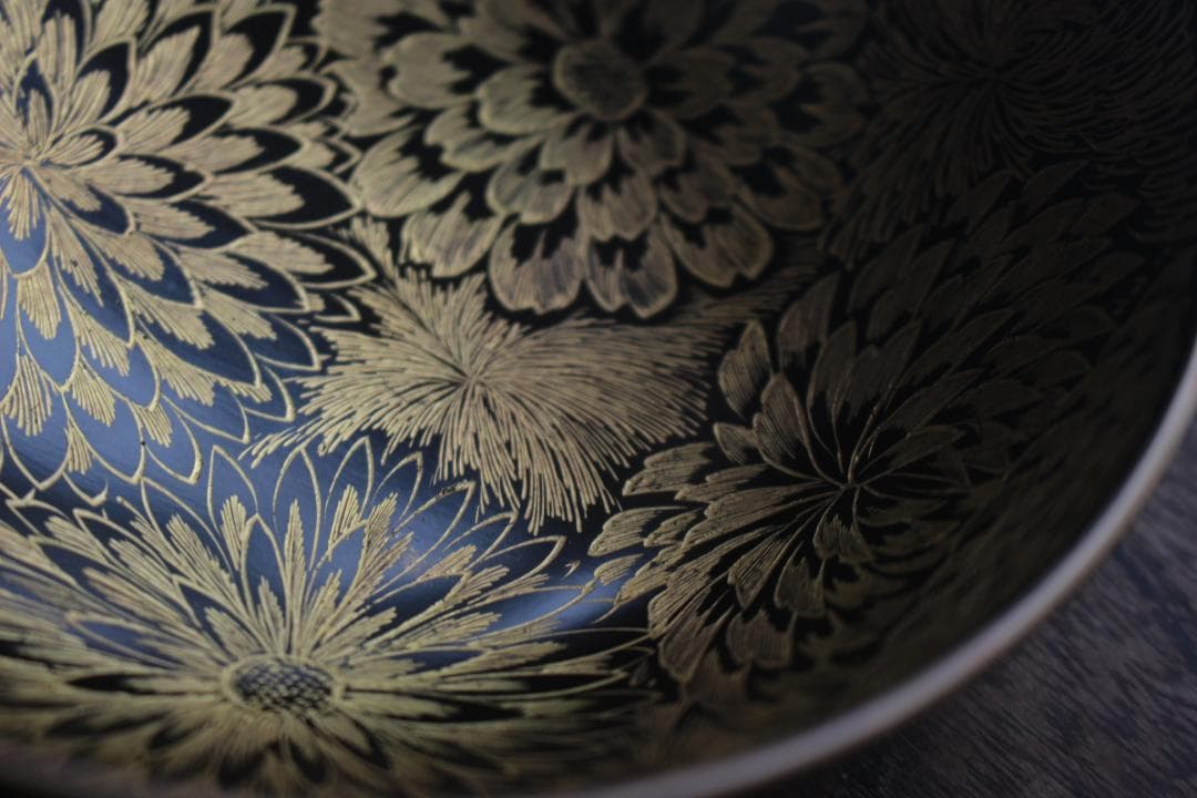 デッドストック！時代金縁黒漆に極上見返し菊詰沈金の映えるお椀2点（検輪島塗沈金椀
