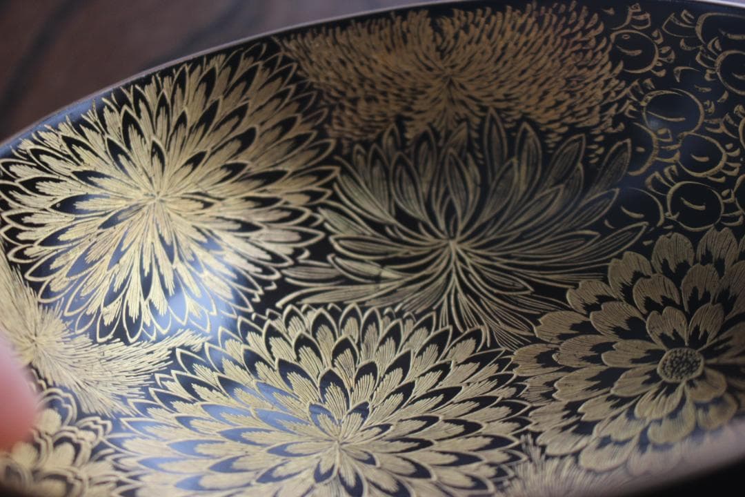 デッドストック！時代金縁黒漆に極上見返し菊詰沈金の映えるお椀2点（検輪島塗沈金椀