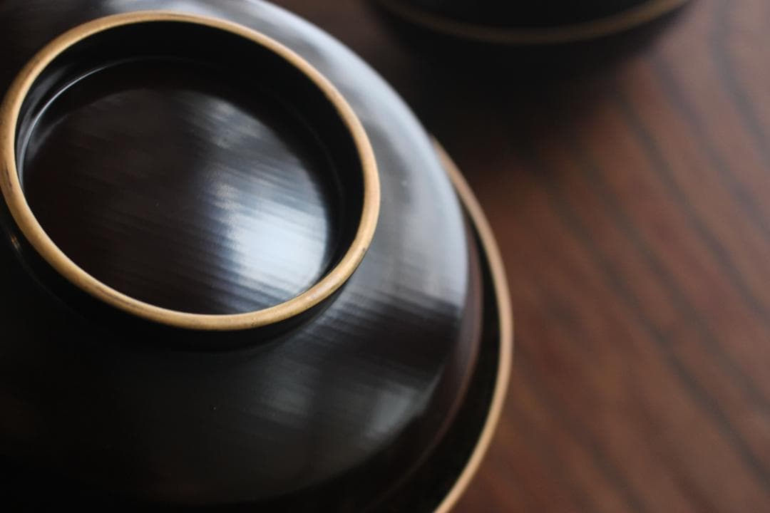 デッドストック！時代金縁黒漆に極上見返し菊詰沈金の映えるお椀2点（検輪島塗沈金椀