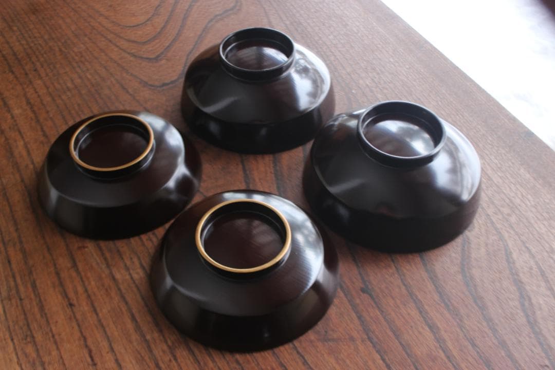 デッドストック！時代金縁黒漆に極上見返し菊詰沈金の映えるお椀2点（検輪島塗沈金椀