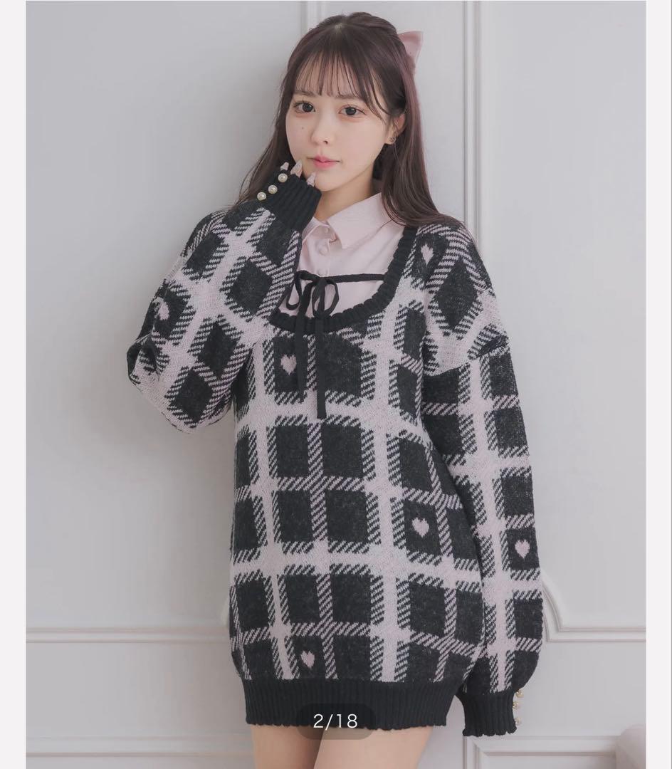 pium ハートチェックレイヤードニットワンピース ブラック