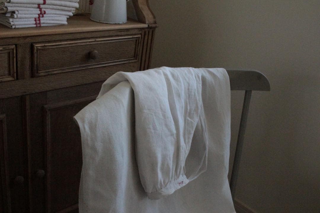 フランスアンティーク/タブリエ・ギャザーリネンエプロン/H・A