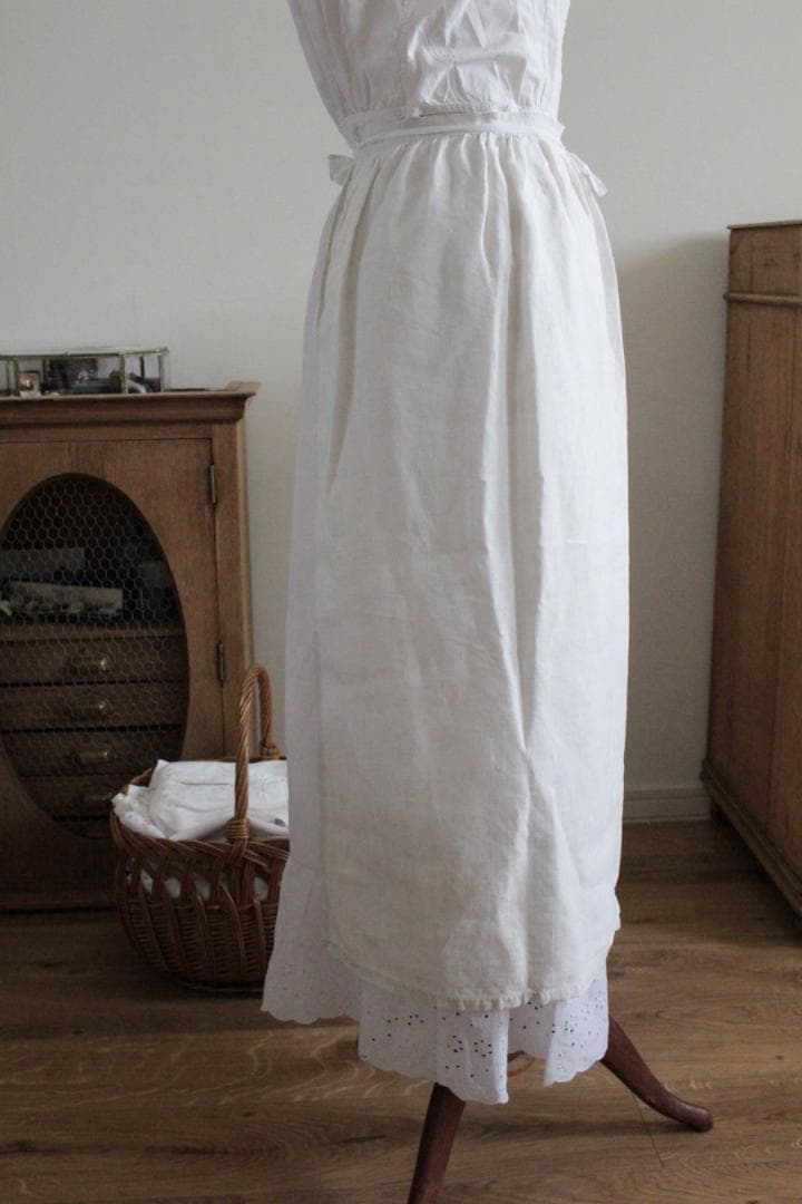 フランスアンティーク/タブリエ・ギャザーリネンエプロン/H・A
