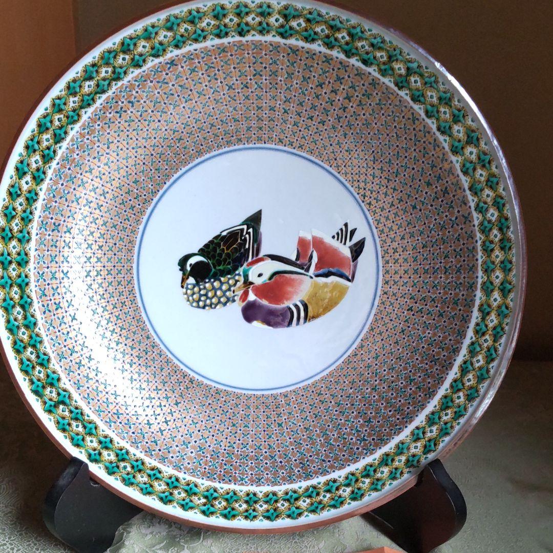 九谷大皿鴛鴦図大平鉢　幻の九谷作家河上龍三【手描き】【精緻】【小紋繋ぎ】【希少】