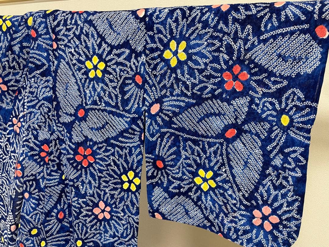 G 美品 有松鳴海絞り 蝶模様 青 綿 浴衣 着物