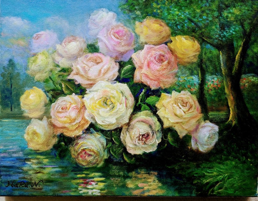 画家haru☆F６号油彩画☆湖面に咲く薔薇No2.真作、原画、一点物。