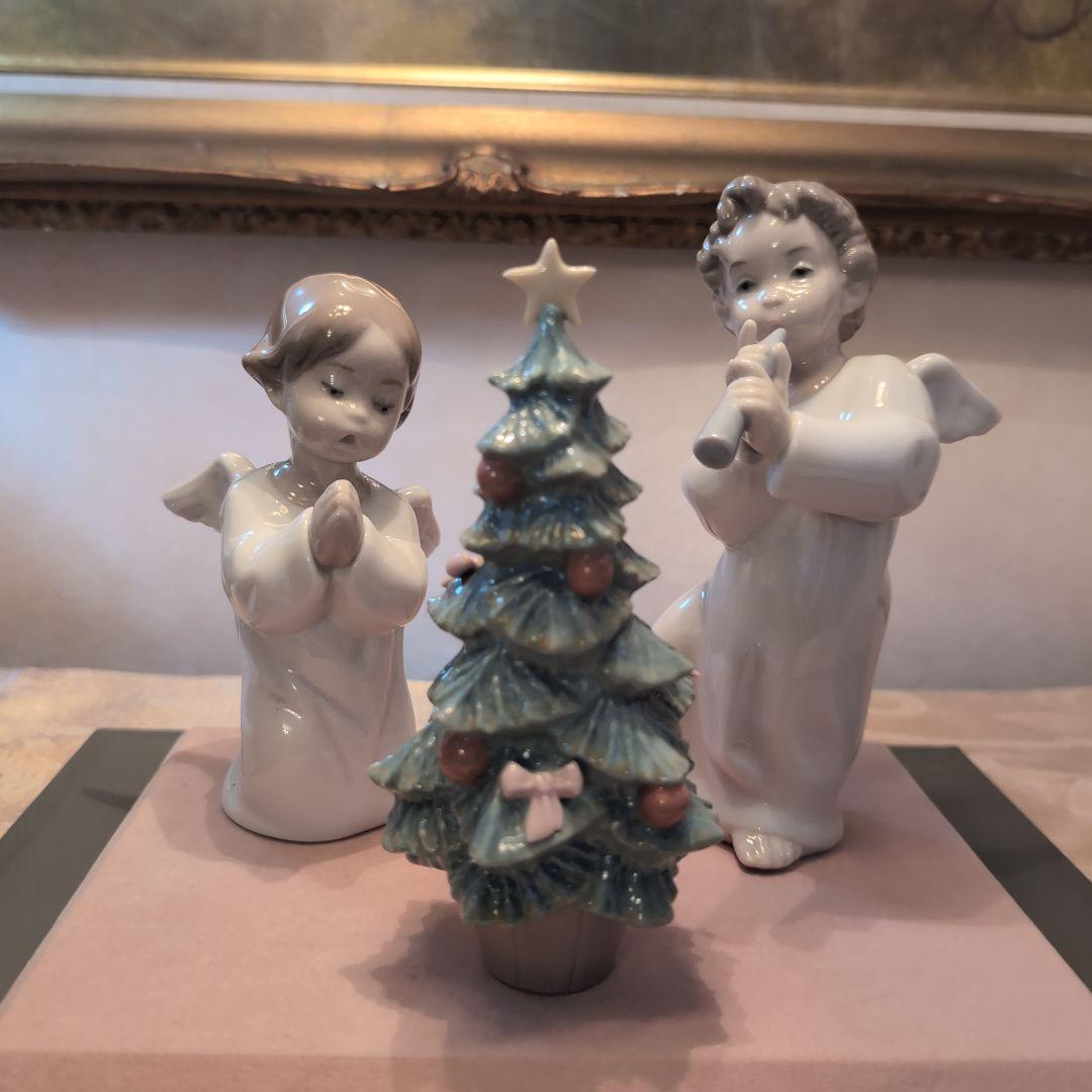 ♥リヤドロ♥天使二体・クリスマスツリー♥ガラスケース付き