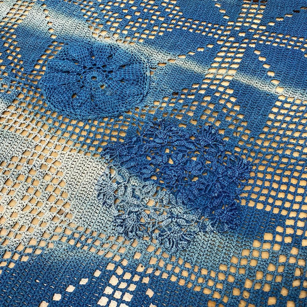 希少 特大 アンティーク ヴィンテージ 藍染め レース クロス カバー フランス