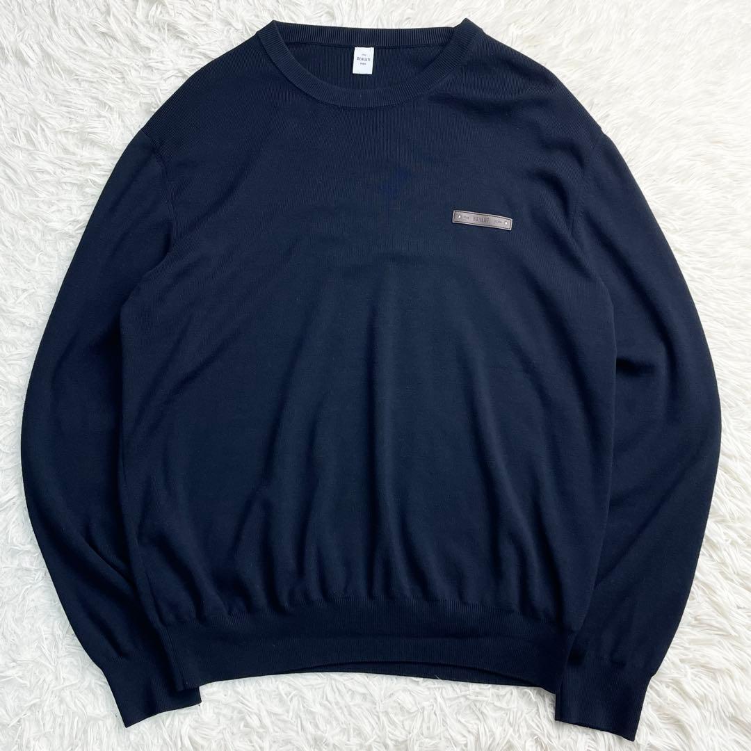 美品 希少 XLサイズ Berluti レザー ロゴパッチ ニット ネイビー
