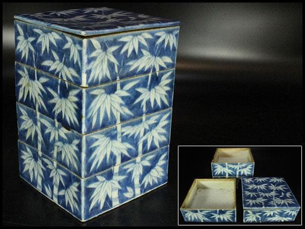 中国美術 青花 白抜 笹紋 段重 高18.5cm 清(K-LC670)