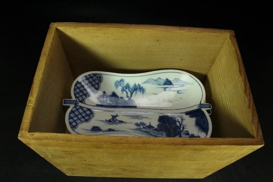 三浦竹泉作 青花山水 団扇形 皿 揃い 大小五客(K-XA885)