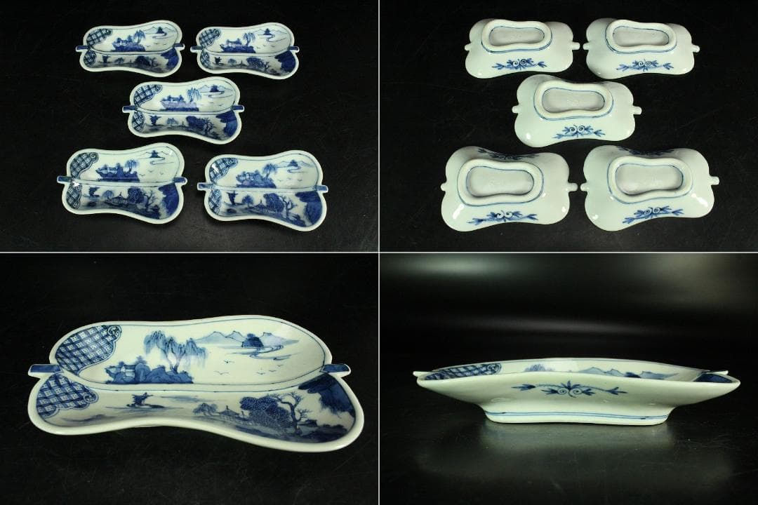 三浦竹泉作 青花山水 団扇形 皿 揃い 大小五客(K-XA885)