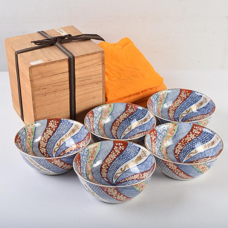 伊万里焼　五良太甫呉祥瑞造　色絵棯文　菓子鉢　五客　合わせ箱　M　R9495