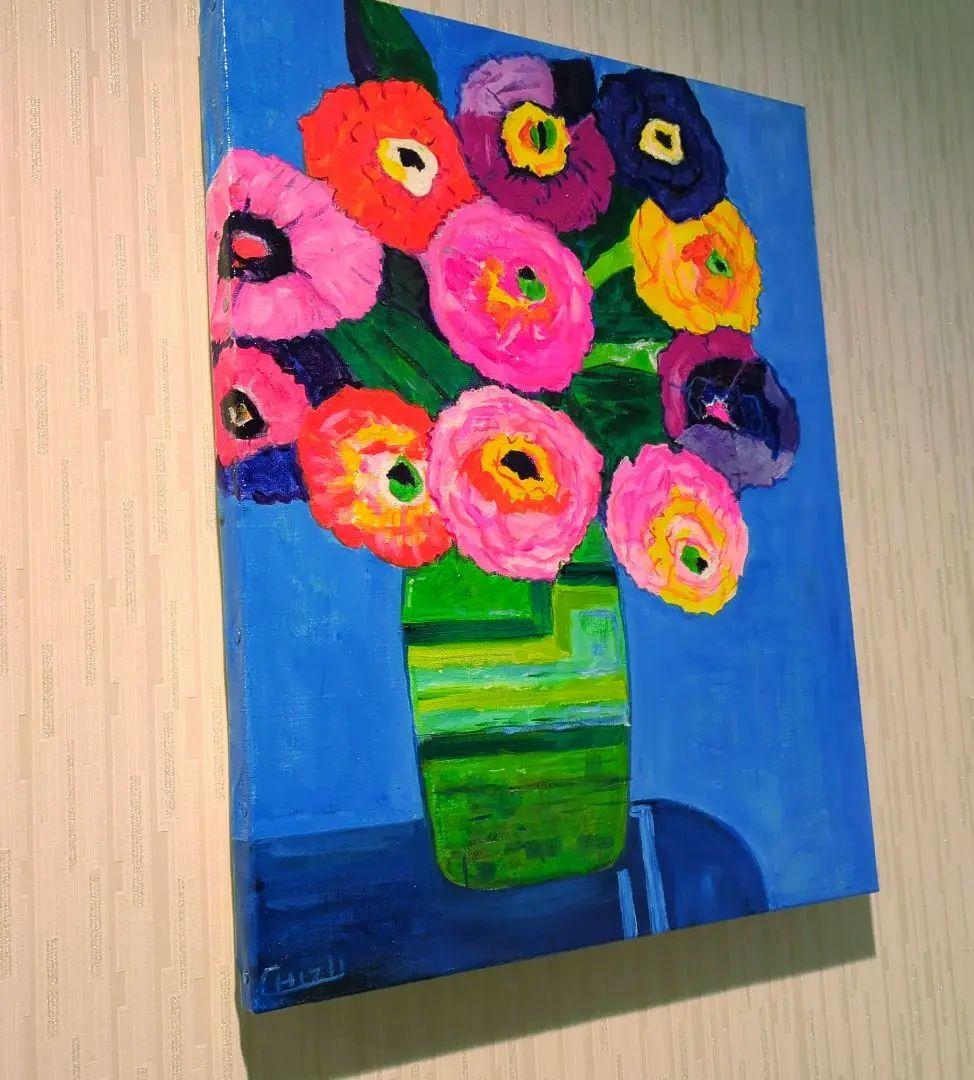 キャンバス油絵　専用　カラフルなお花をたくさん入れた花瓶 happy!