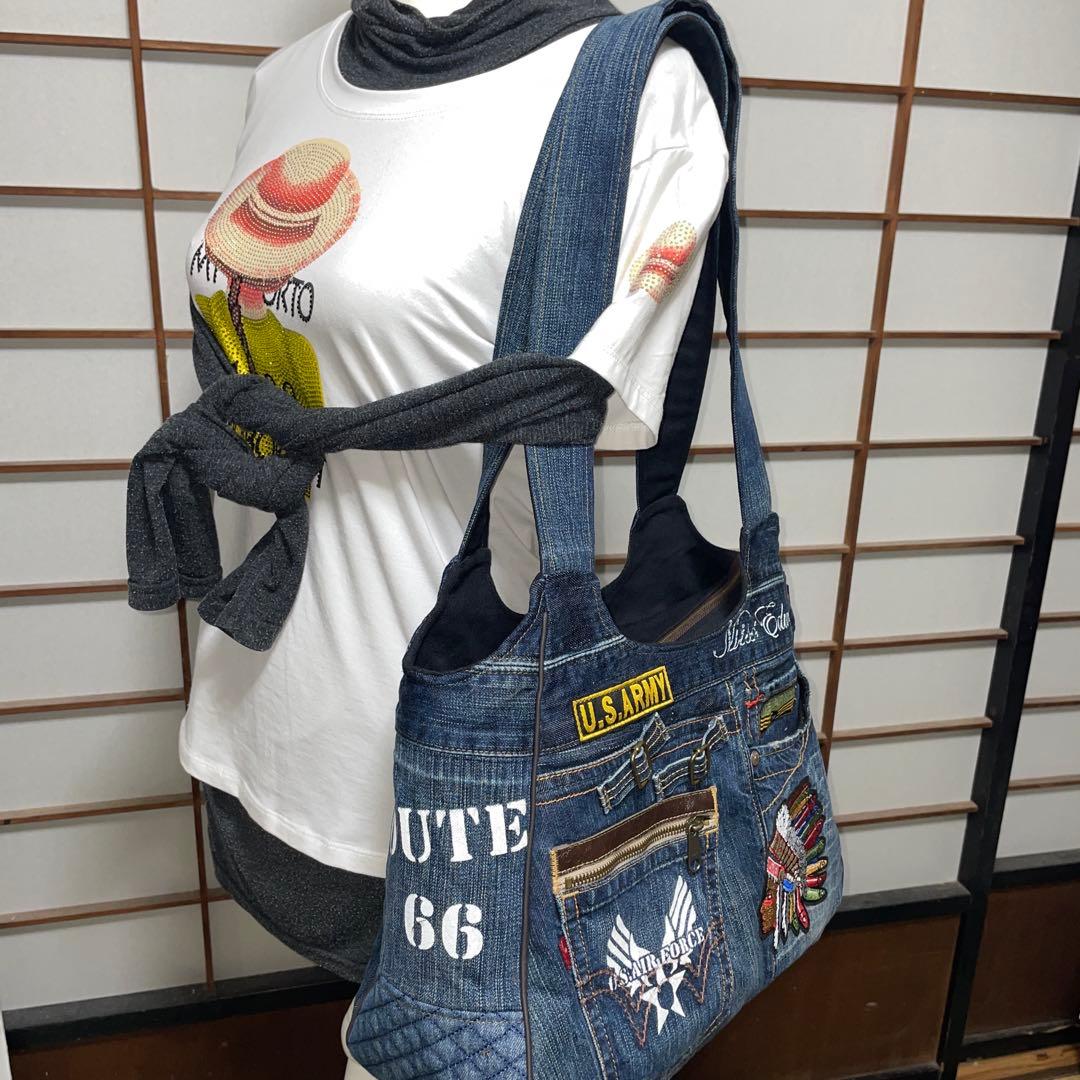 No. 505 デニムリメイクバッグ　トートバッグ　インディアン　ルート66