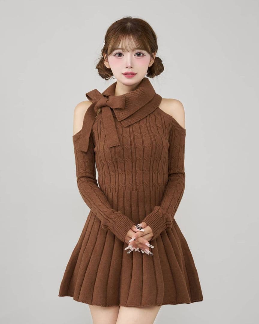 ダーリッチ アメスリフレアニットミニワンピース 茶色 【フリー】