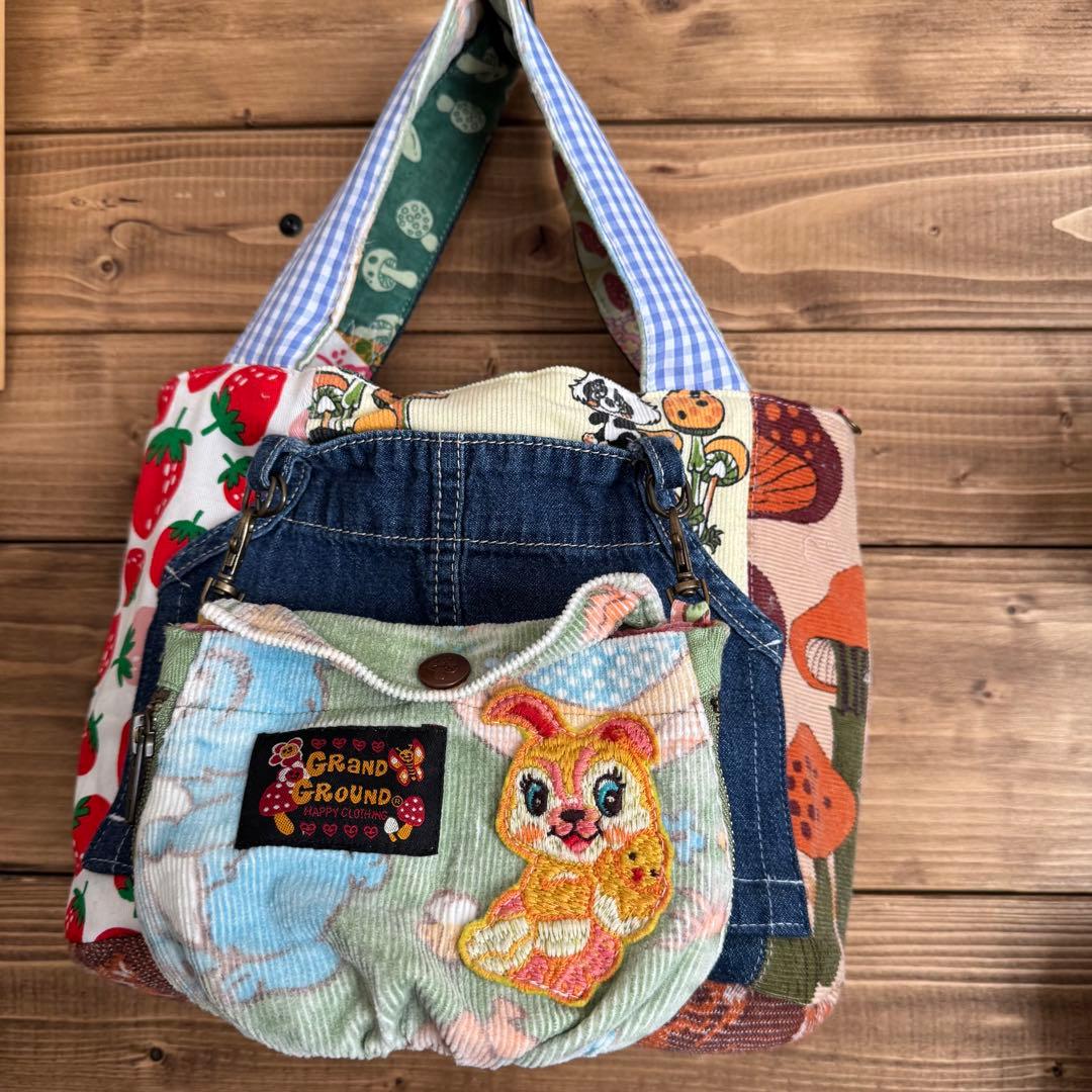 ハンドメイド デニムリメイク バッグ レトロアニマル ポーチ付き 2way 51
