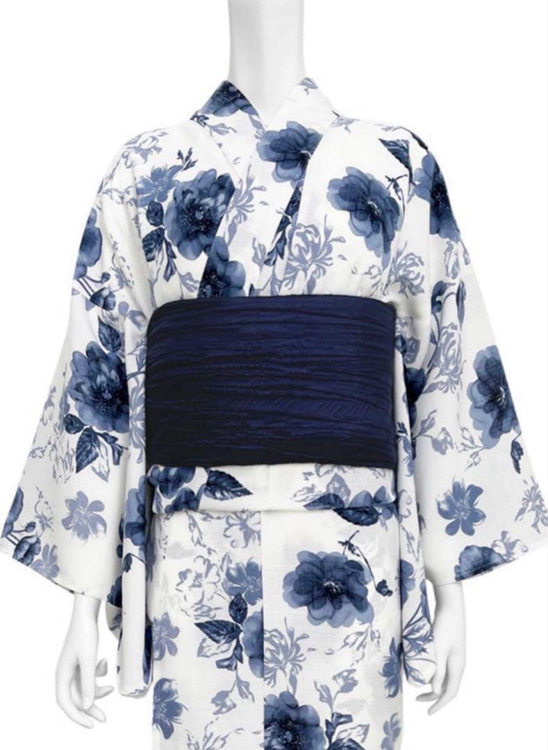 水彩花柄浴衣セット[gi1519] ネイビー　ホワイト　大人花柄　兵児帯