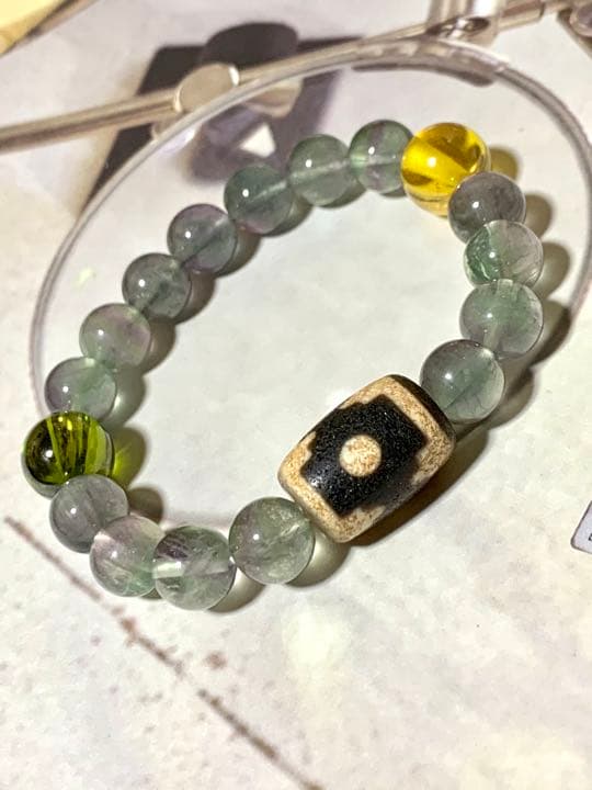 イエロー、グリーン龍王眼　曼荼羅天珠ブレスレット　No.11 フローライト