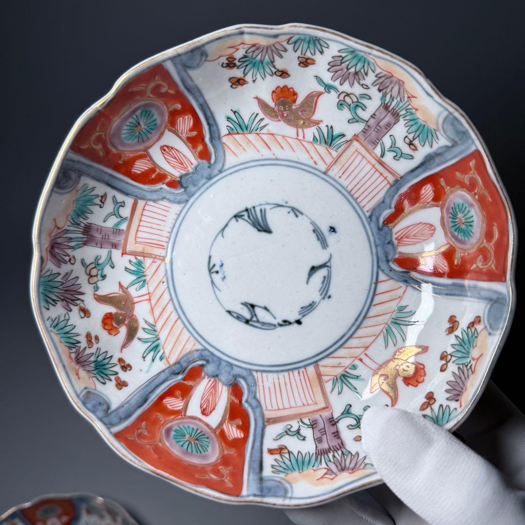 古伊万里　色絵花鳥図輪花形膾皿　松竹梅　裏巻物文様　江戸期　金蘭手　最後の五点