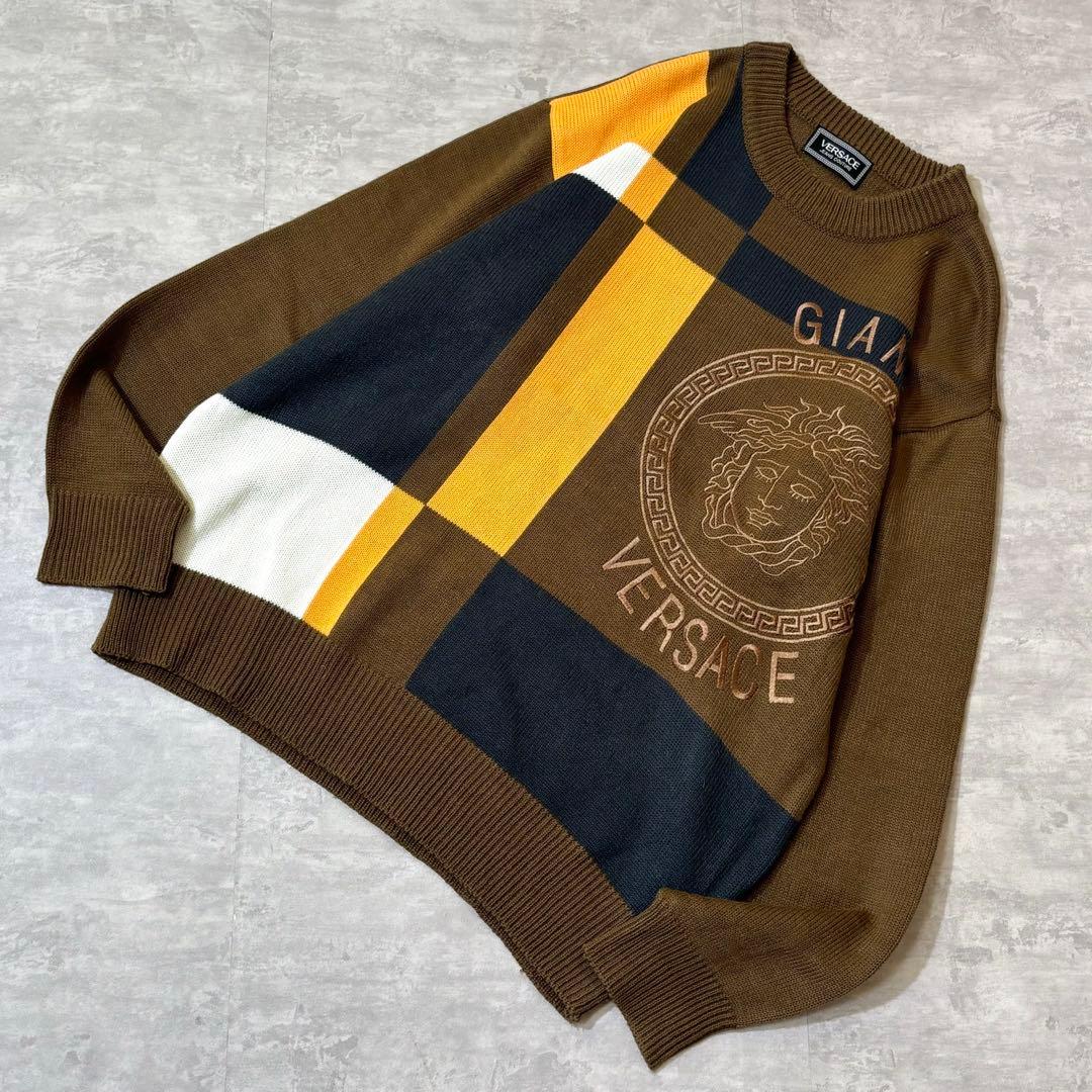90s VERSACE メデューサ ロゴ バイカラー ニット ヴェルサーチ