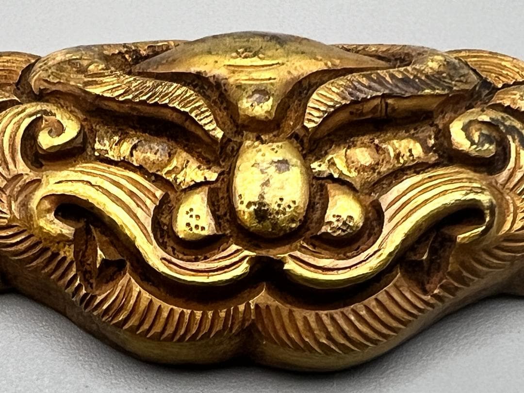 尾州藩士　江戸明治期　獅子顔形　手彫　大金具　銅製鍍金　骨董品