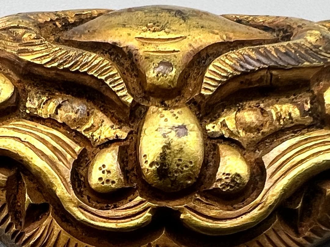 尾州藩士　江戸明治期　獅子顔形　手彫　大金具　銅製鍍金　骨董品