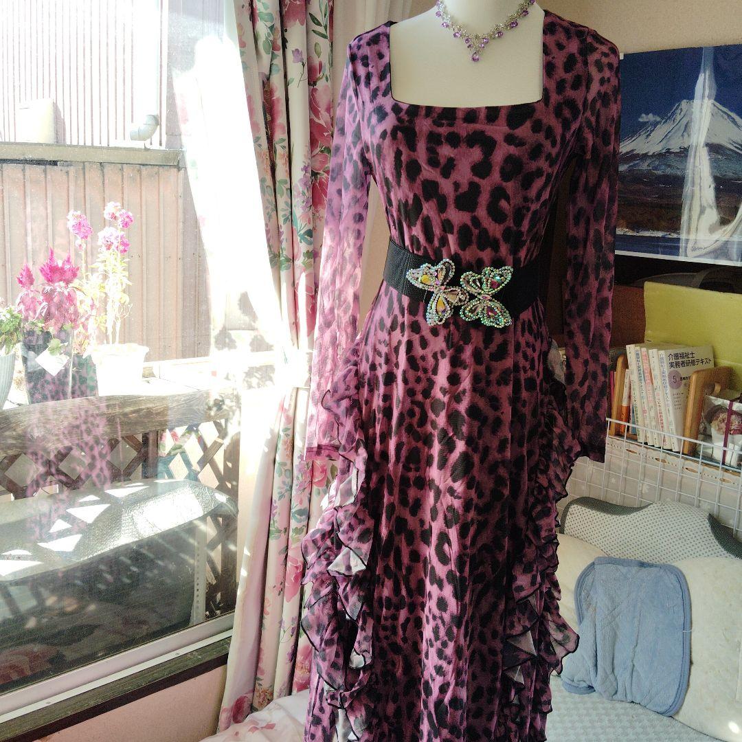 社交ダンス用ヒョウ柄ドレス 蝶々ベルト付き