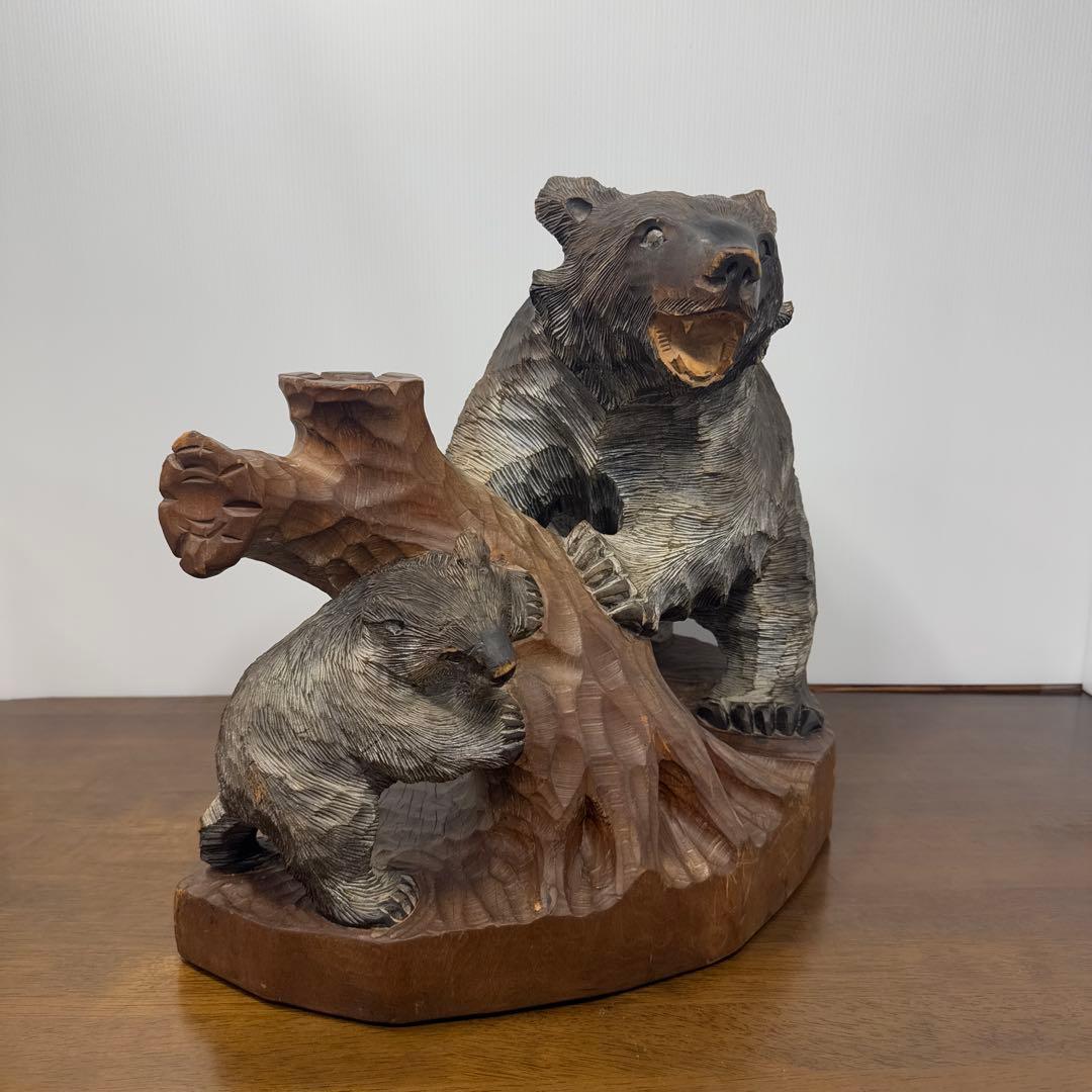 【希少】 木彫り 熊 親子 置物 1991年 当時物 北海道 阿寒湖 工芸品