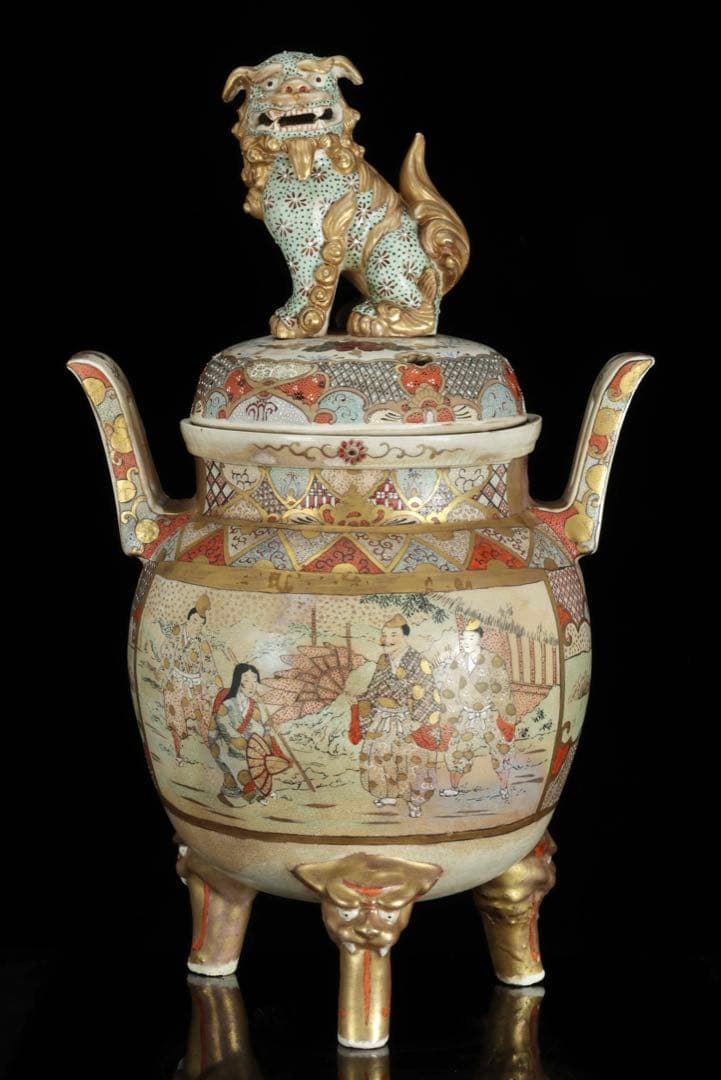 薩摩焼 金襴手金彩色絵 武者人物図 獅子摘三足大香炉 62㎝ 共箱 古美術 骨董