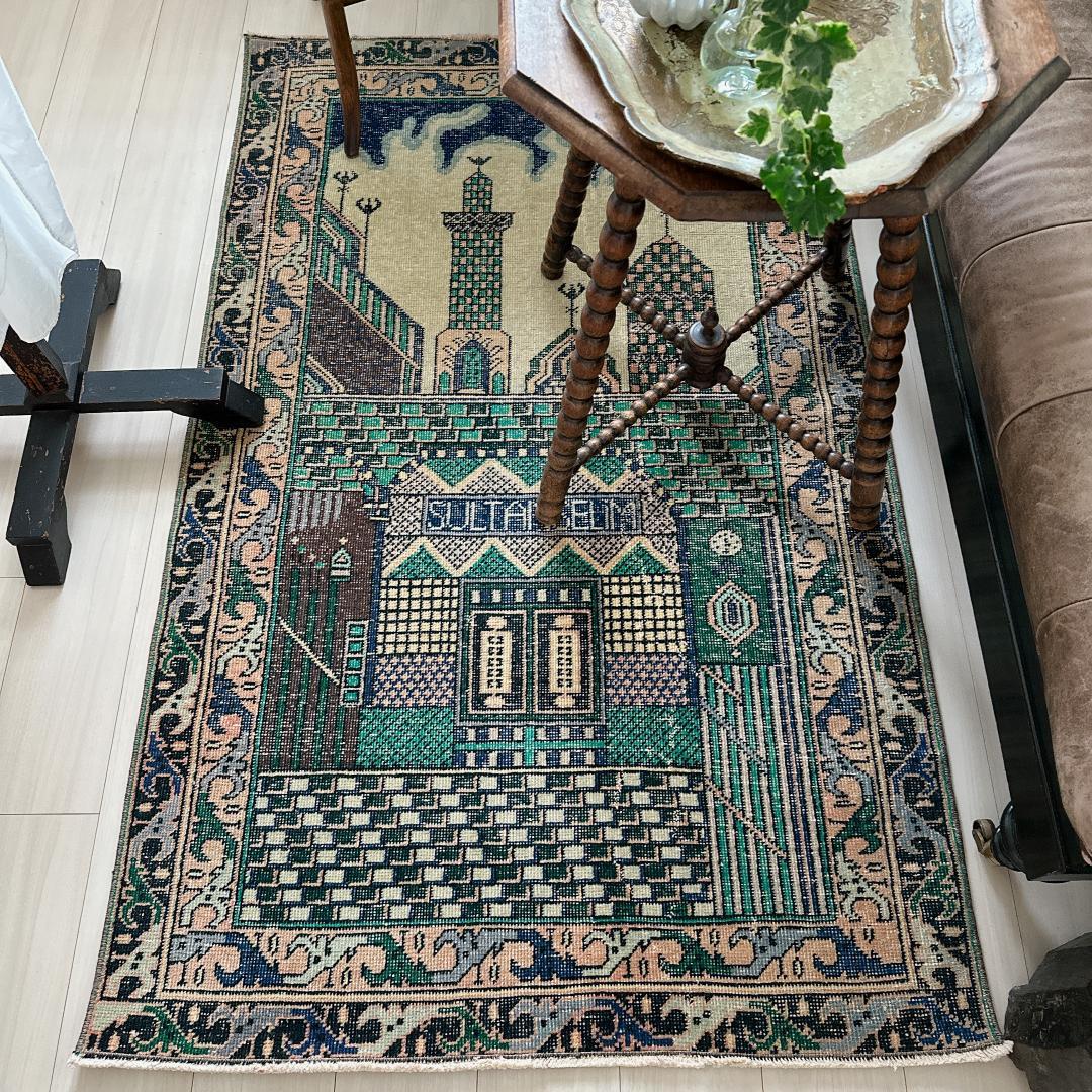 トルコ ヴィンテージラグ A1 レア イエロー グリーン ネイビー ピンク