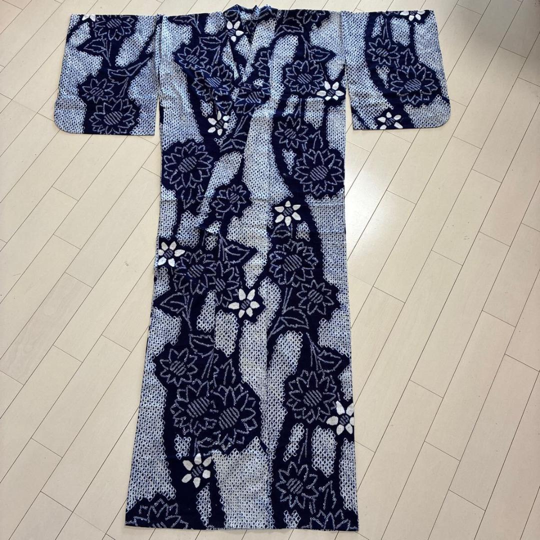 ■E4664■美品■木綿■藍染　有松鳴海絞り　縞に花柄　浴衣■丈166　裄丈67