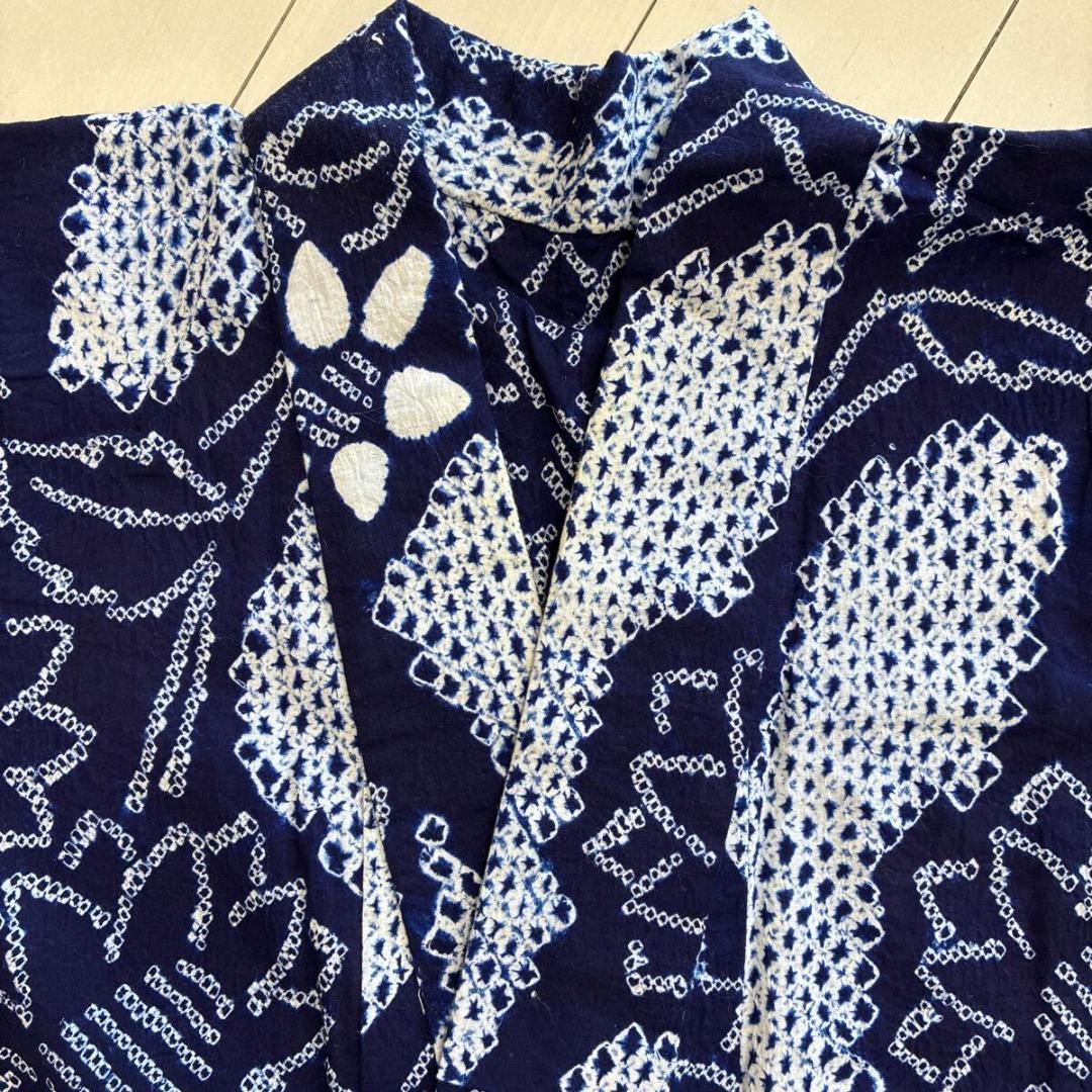 ■E4664■美品■木綿■藍染　有松鳴海絞り　縞に花柄　浴衣■丈166　裄丈67