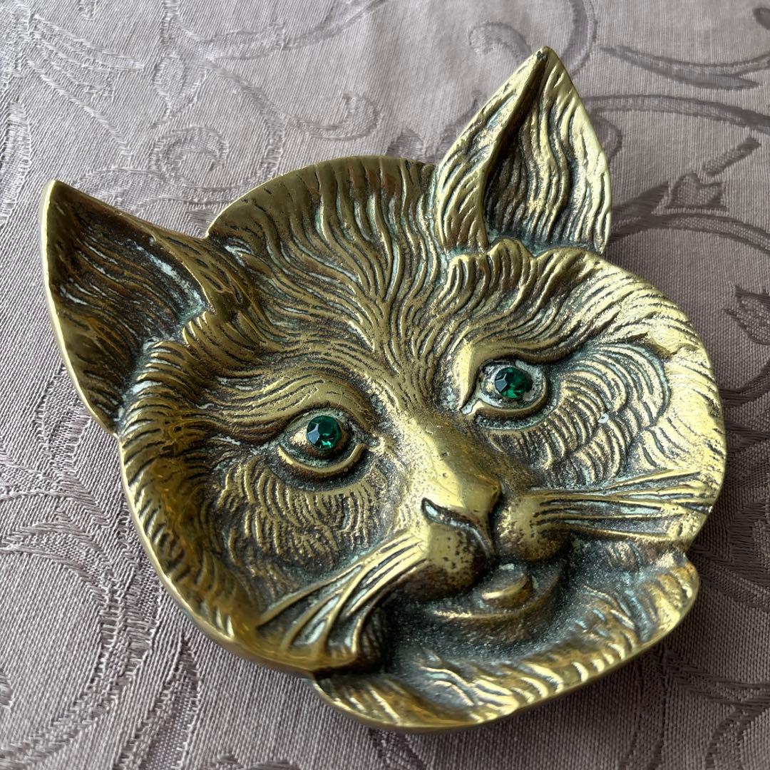 レア! ブロカント 緑の眼の猫のトレイブラス真鍮ビンテージアンティークガラスの瞳