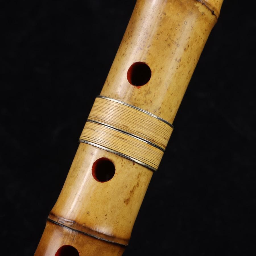 Y3273-1 琴古流 尺八 隆風銘 銀三線 螺鈿細工 全長40㎝ 竹製　EE