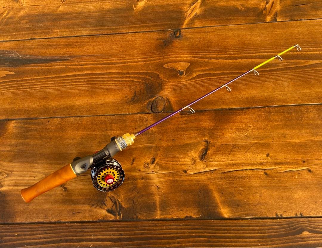 穴釣りセット　アイスフィッシング　穴釣りロッド　天然木グリップ　　タイコリール