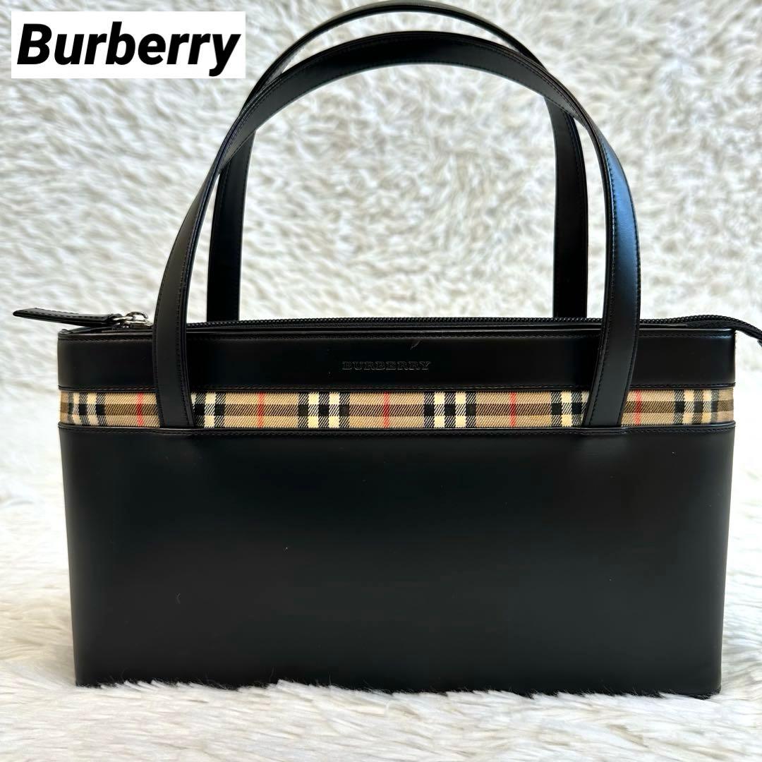 Burberry バーバリー レザー ハンドバッグ ノバチェック 黒 ブラック