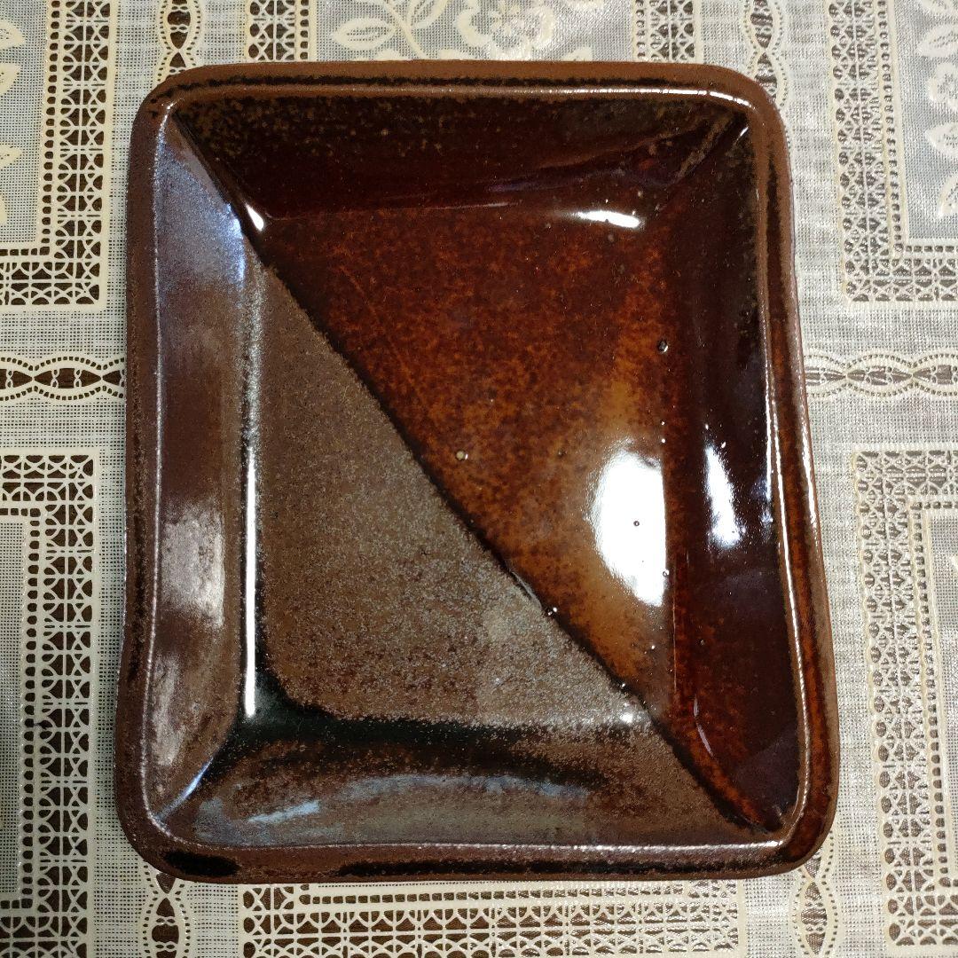 小石原焼　太田熊雄『方形皿』、ウコン布＆桐共箱付