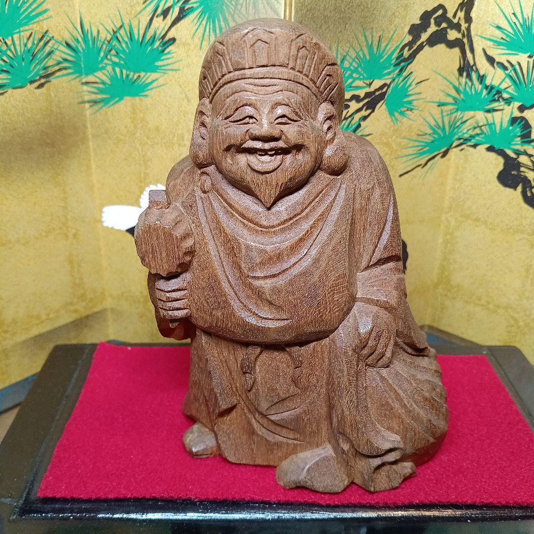 骨董品　恵比寿:大黒　木彫り置物　屏風&台座付き　希少セット