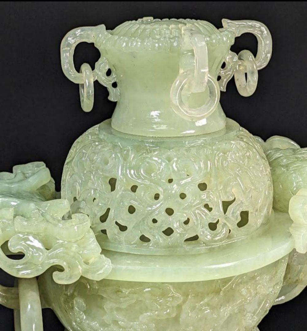 未使用　岫玉　天然石　特大香炉　遊環 龍 干支 透かし彫り 浮彫り 手彫り波唐草