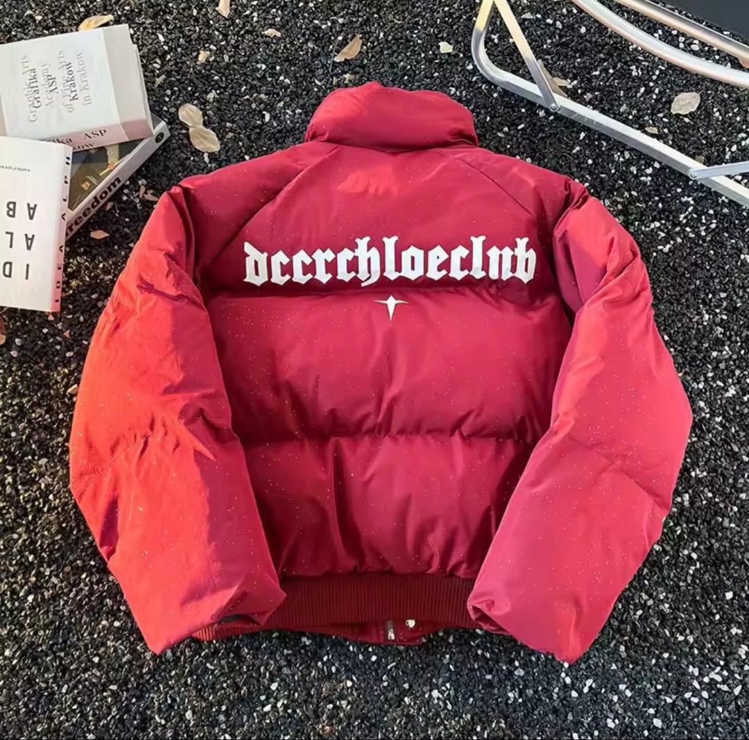 ラメ入り ダウンジャケット 赤 Lサイズ ゴシックロゴ Y2K ストリート 中綿