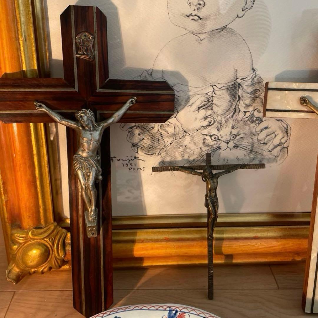 ブロカント　フランス　キリスト　磔刑　エボニー　十字架　壁掛け　真鍮　木製　黒檀