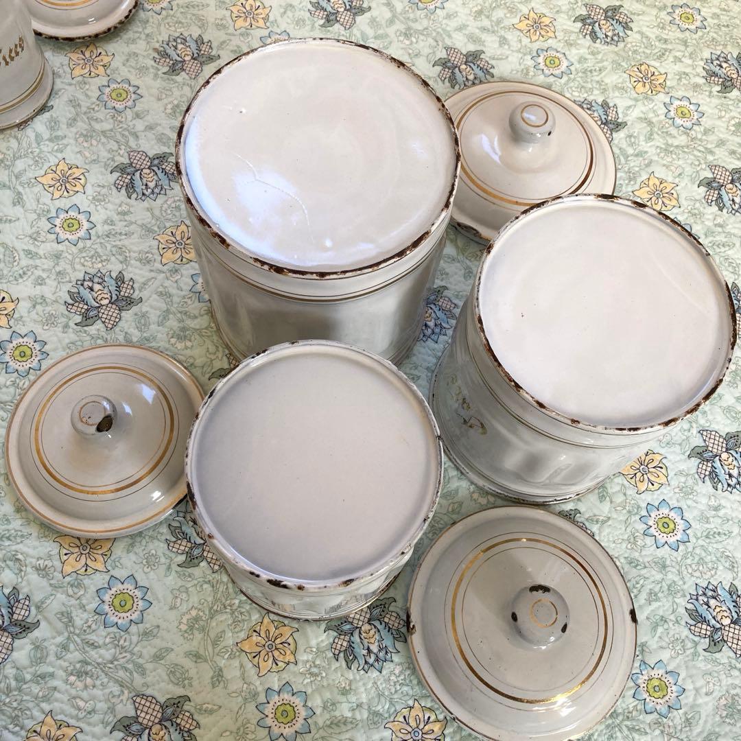 ♪フランスアンティーク キャニスター 琺瑯 6個セット ホワイト 金文字